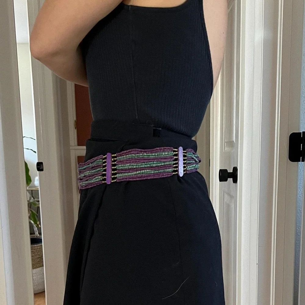 Vintage slinky multi strand wooden beaded waist belt boho‎ market purple green